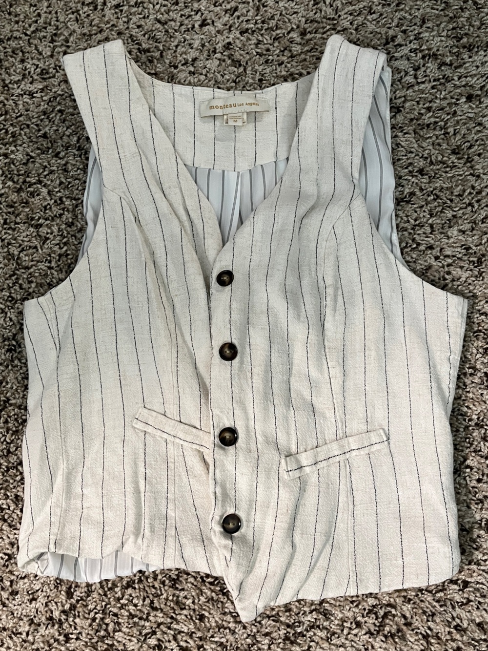 Monteau Cream & Black Striped Sleeveless Vest Pant Set